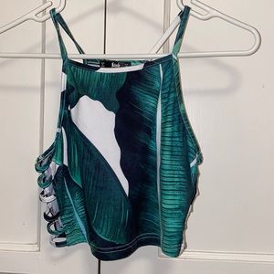 Sheln Small White Green Big Leaves Print Tank Top